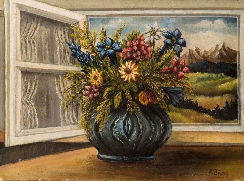 Vase of Flowers with Mountain View