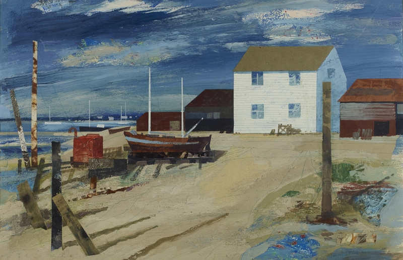 Seaside: White Building on Shore with Quay and Boat to Left