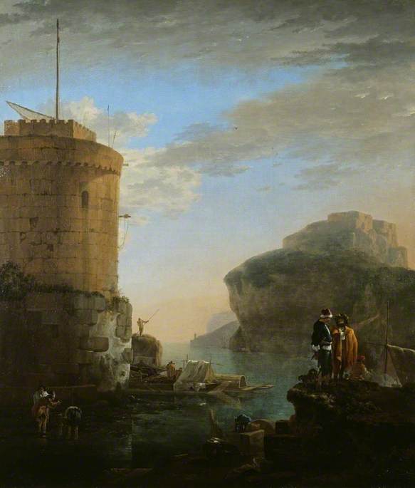 A Mediterranean Coastal View with Shipping and Mariners by a Fort