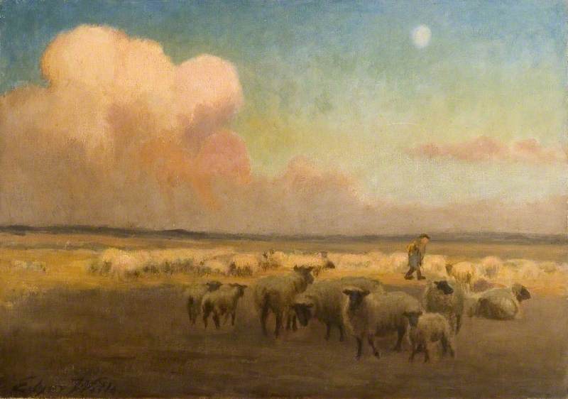 Sheep and Shepherd, Evening