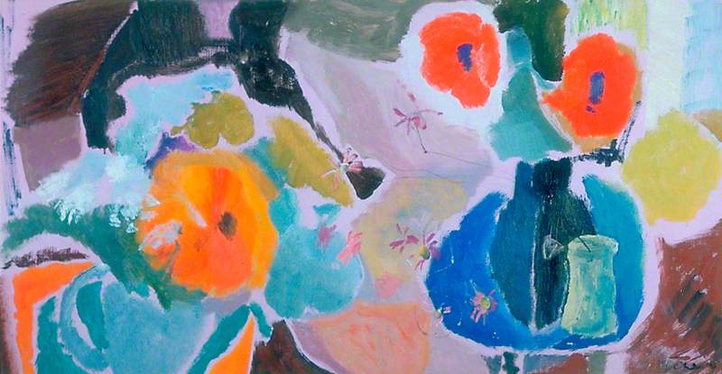 Two Poppies on a Blue Table