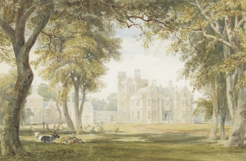 Mansion in a Wooded Scene with Deer in Foreground