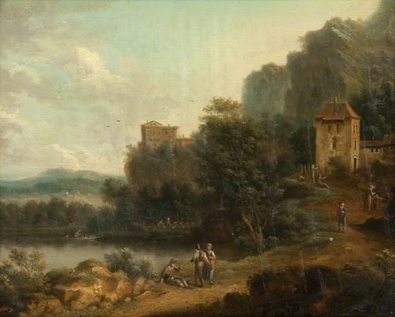 Landscape with Buildings and Figures beside a Lake