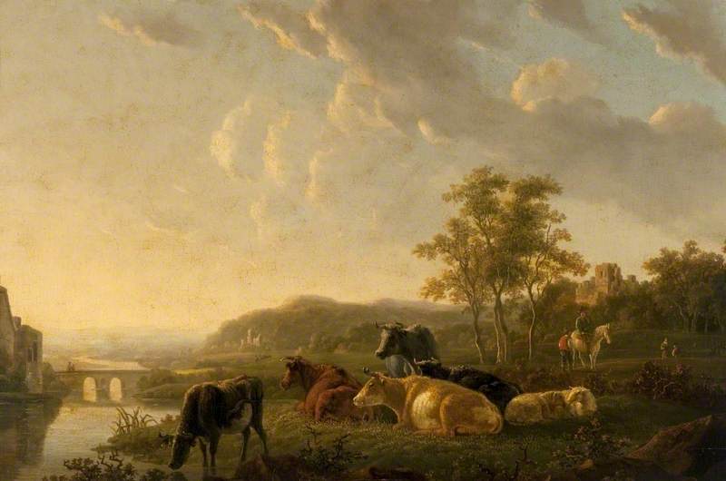 River Landscape with Cattle, Sheep and Figures
