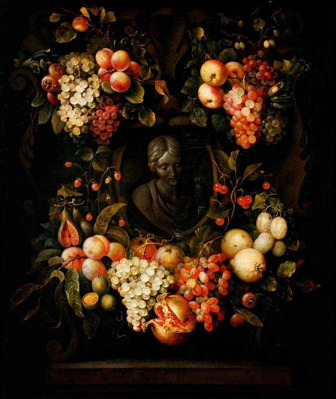 A Garland of Fruit around the Sculpted Bust of a Girl