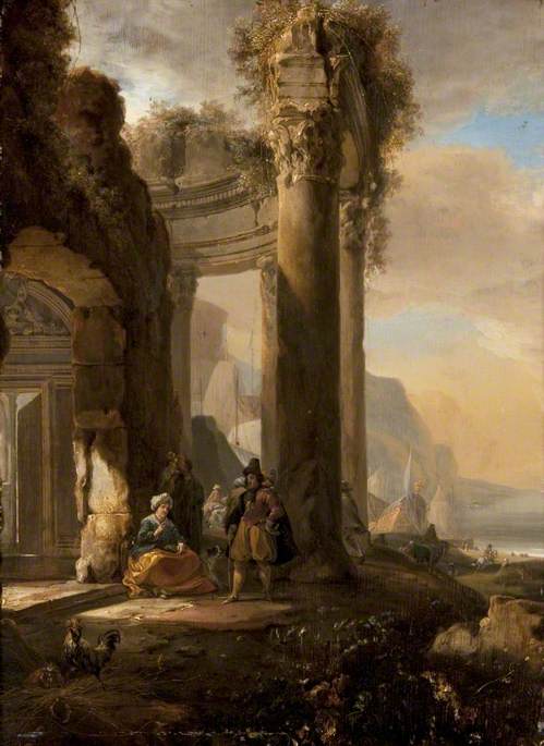 A Ruined Colonnade and Figures by a Harbour