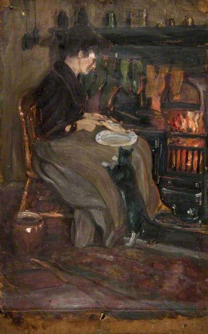 Seated Woman Gutting Fish by a Fire