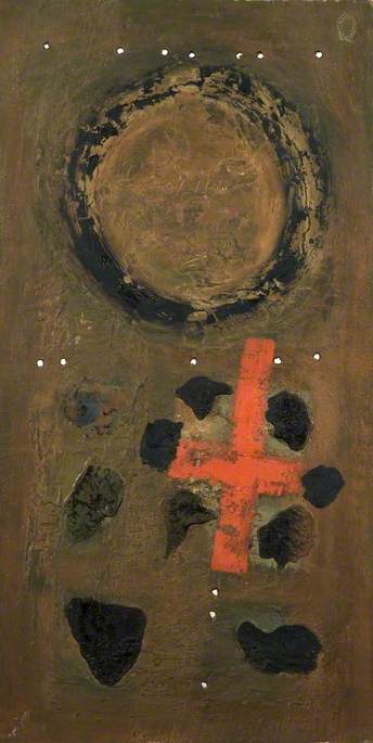 Abstract (Red Cross on a Brown Panel, Black Circle)