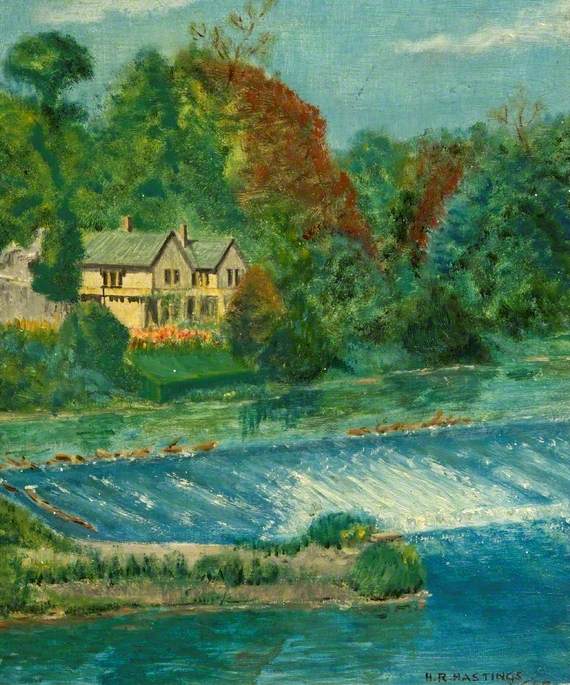 The Old Weir, River Avon, Chippenham, Wiltshire, with Cottages at Monkton Hill in the Background