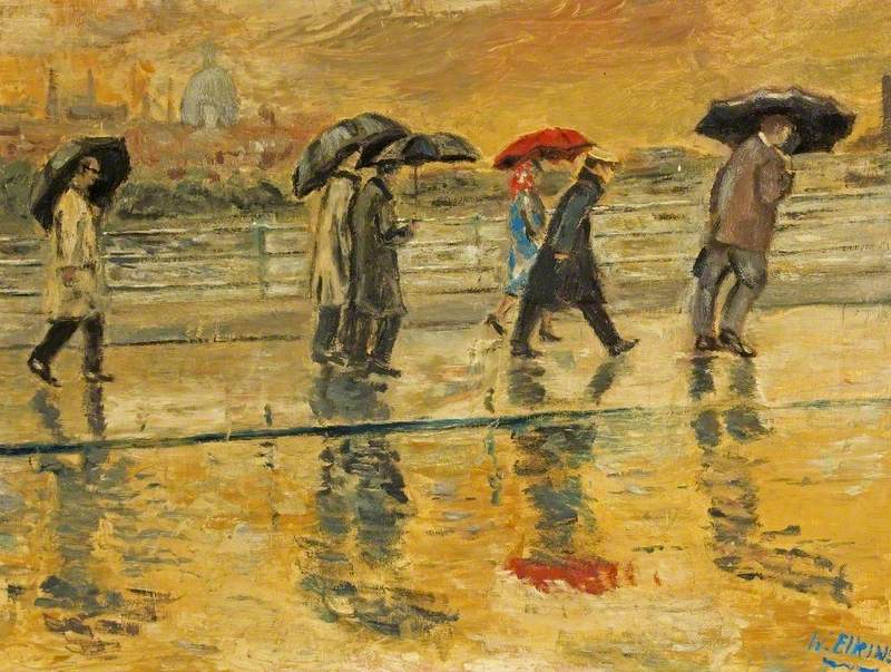 Scene Showing Rain-Swept Commuters with Umbrellas Walking to Work