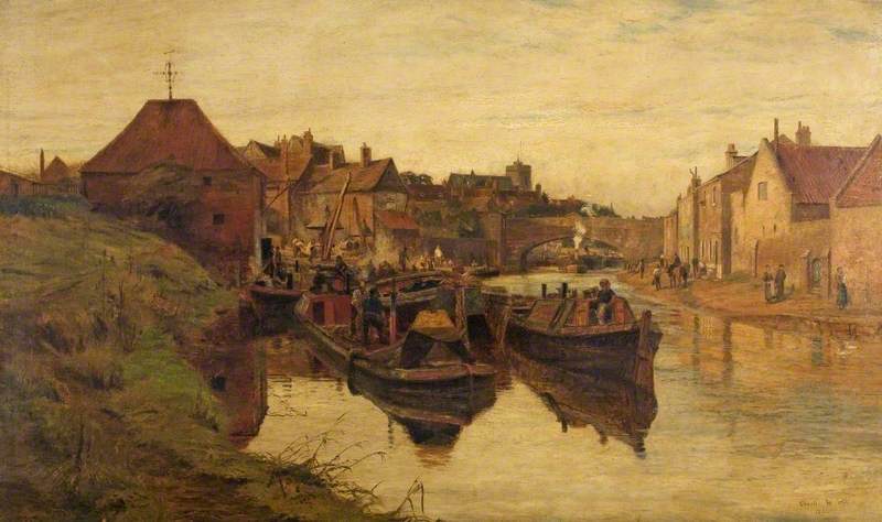Boating Scene on the Regent's Canal with Narrow Boats and a Lighter