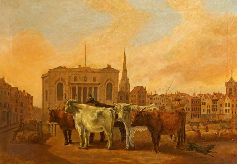 View of Salisbury Guildhall, Wiltshire, with a Drover and His Cattle in the Foreground