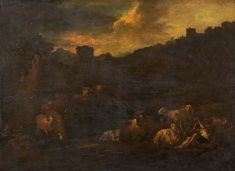 Farm Animals in a Landscape with an Old Man Drinking