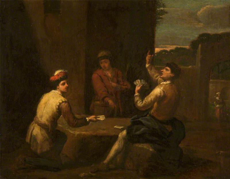 Two Men Playing Cards Outdoors, Watched by a Youth