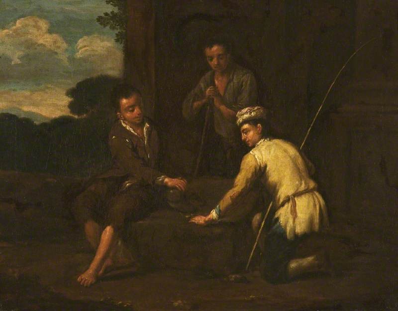 Two Youths Gambling Outdoors, Watched by a Third