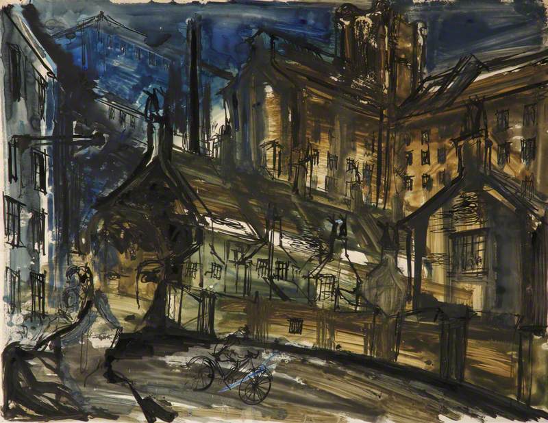 Industrial Landscape Sketch with Figure on Bicycle and Portrait