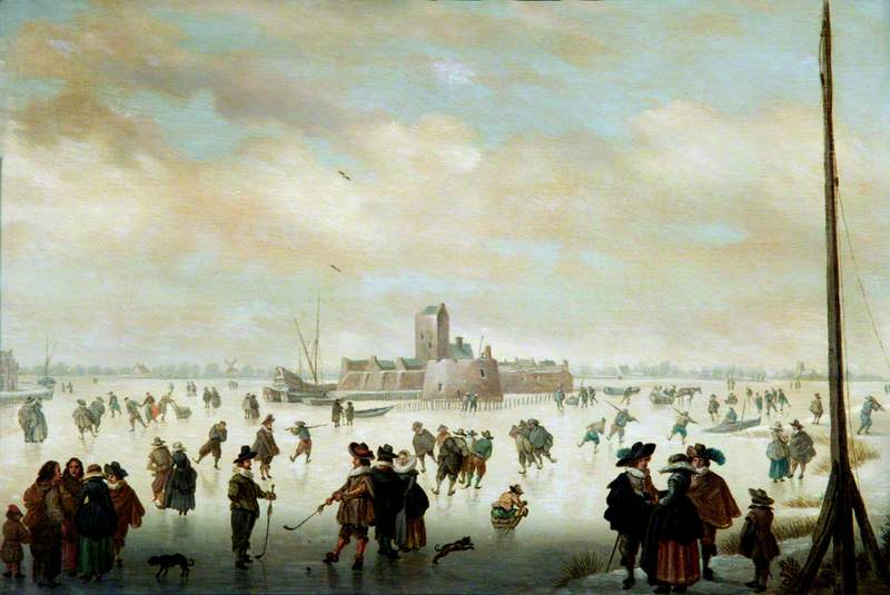 Skating Scene with Numerous Figures on the Ice and an Island Fort