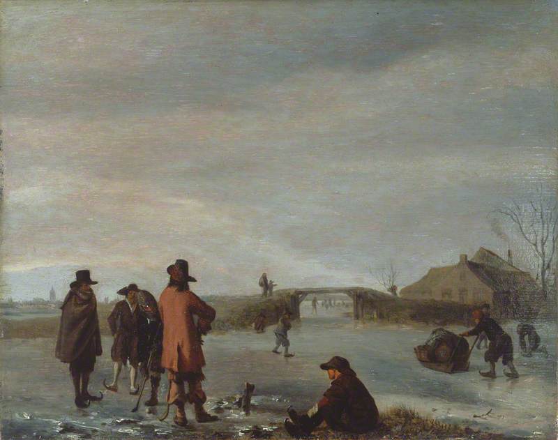 Winter Scene with a Group of Golfers on a Frozen River