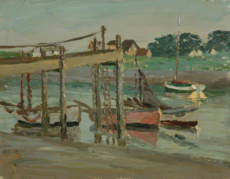 Walberswick, Boats on the Blythe at a Wooden Jetty