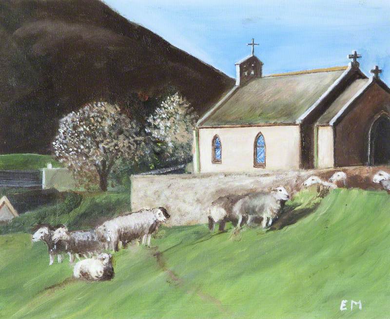 Sheep by a Church