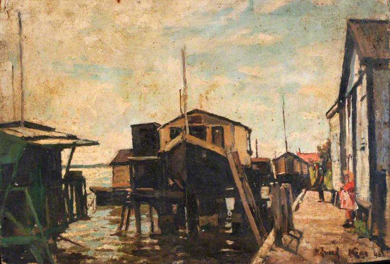 Houseboats at Milton alongside a Quay, with a Girl in Red
