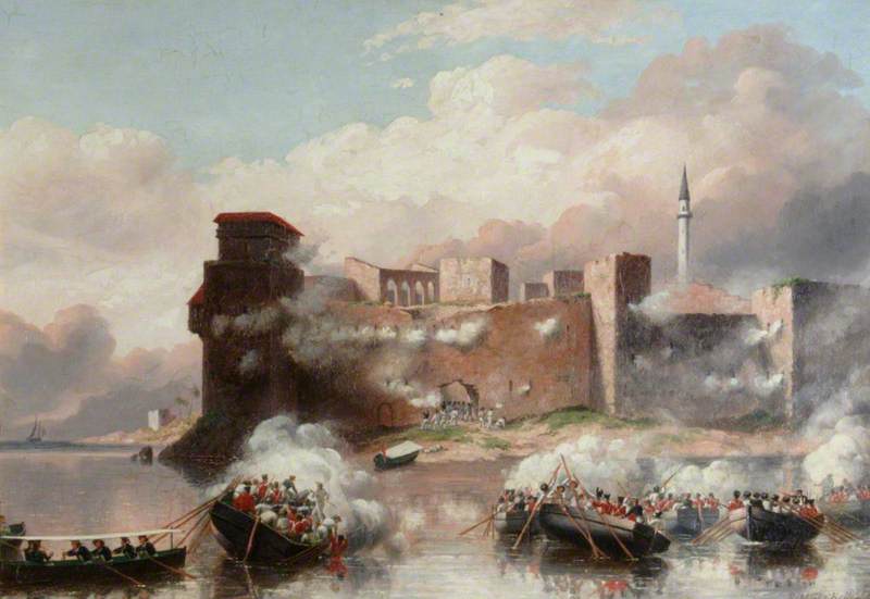 The Boats HM Frigates 'Carysfort' and 'Zebra' with 50 Royal Marines, Commanded by Lieutenant R. H. Harrison, Royal Marines, Attacking the Castle of Tortosa, 25 September 1840