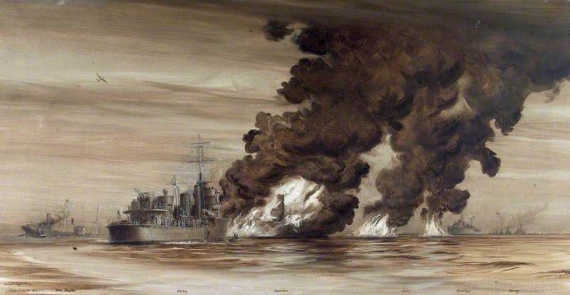 HMS 'Whitley' Coming to the Rescue of 'MV Inverlane', Badly Damaged and on Fire after the Convoy Entered a Mine Field in the North Sea, 14 December 1939