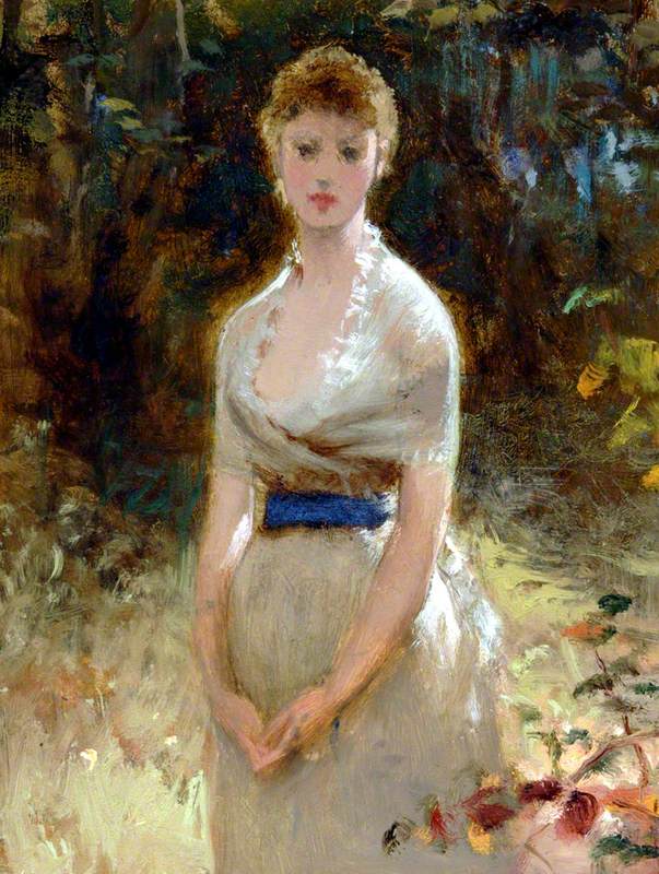 Lady in White Dress with Blue Sash