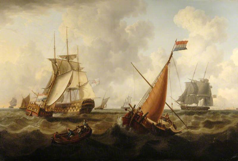 Dutch and British Men O' War off the Coast, Dutch Boat in the Foreground