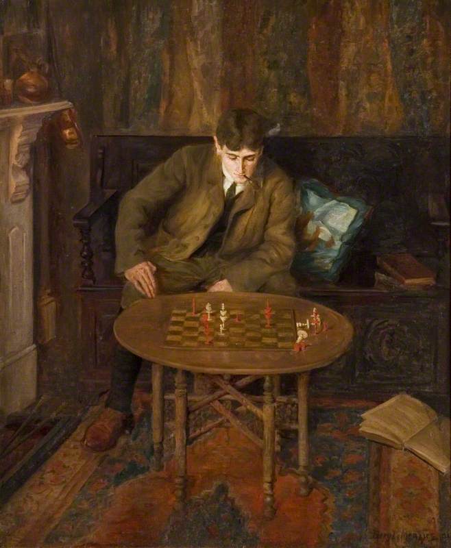 A Young Man Sitting on a Settle Leaning over a Chess Table