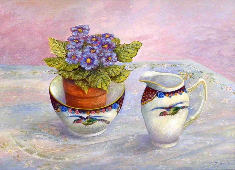 Bowl Containing a Potted Plant with Jug Both Having a Flying Bird Motif