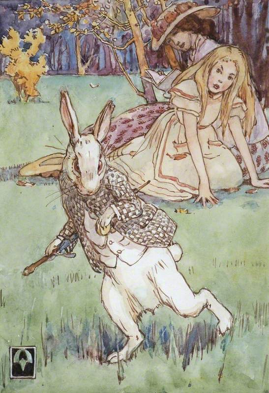 'Suddenly a rabbit with pink eyes ran close by her'