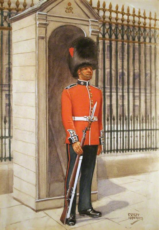 A Coldstream Guardsman on Sentry Duty outside Buckingham Palace