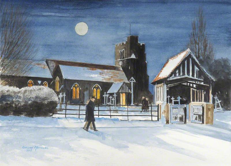 St James's Church, North Side of Bushey, and Lychgate under Snow on Christmas Eve