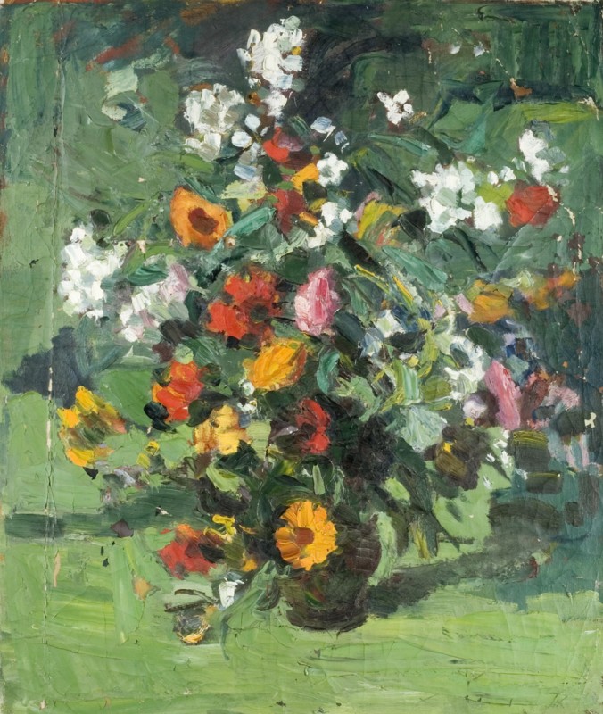 Flowers in a Vase with a Green Background
