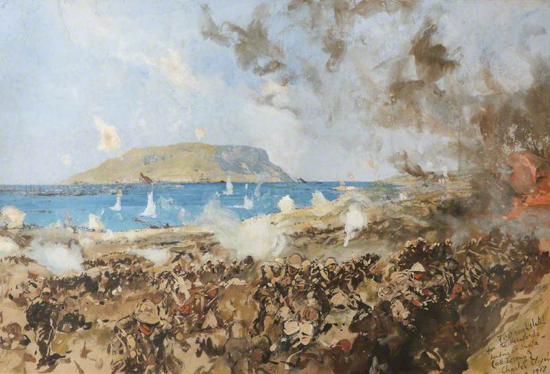 First Sketch for 'The 1st Battalion, Herefordshire Regiment (TF), Landing at Suvla Bay, Gallipoli, Turkey, 9 August 1915'