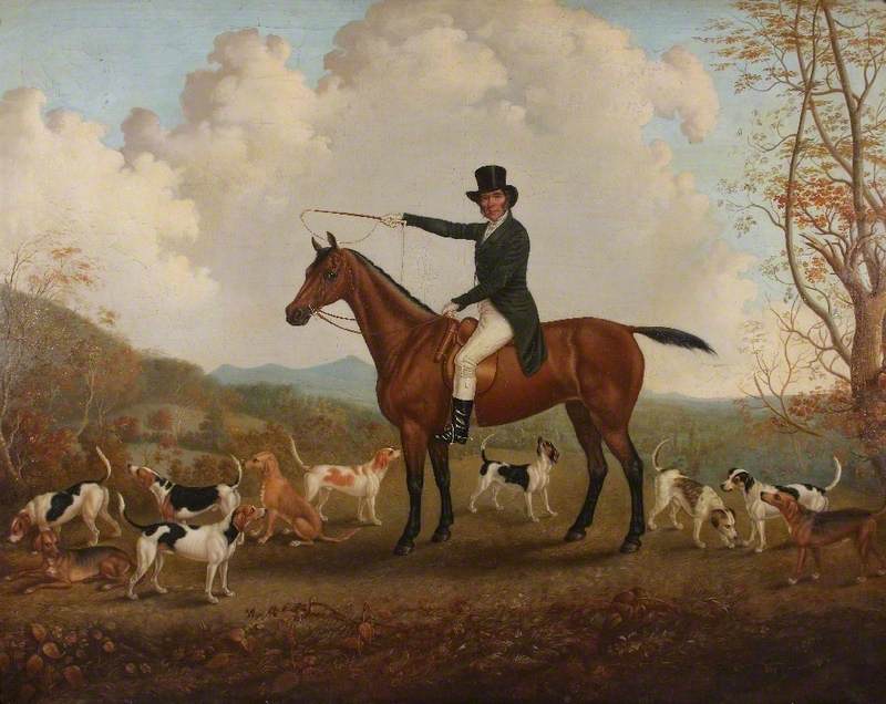 Robert Luther (d.1862), of Acton, Shropshire, on His Favourite Old Mare, 'Hesperus', with a Few Hounds before a Landscape