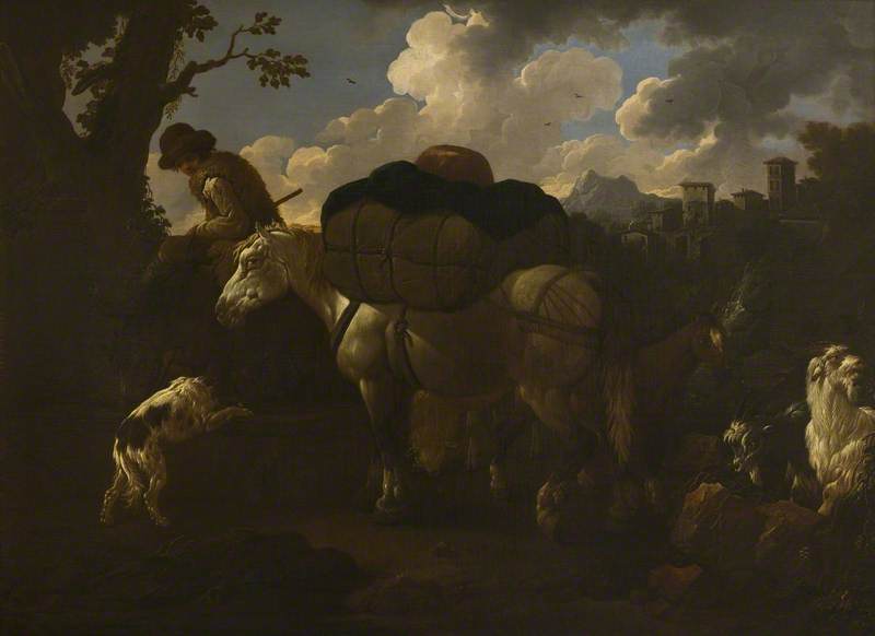 A Rural Scene with Pack Horse and Goats