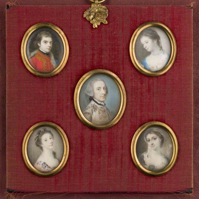 A Group of Five Portrait Miniatures in a Single Frame