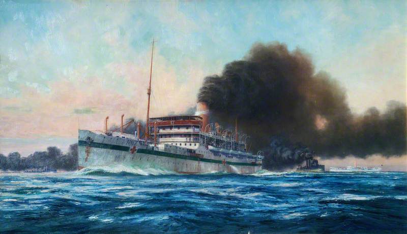 The Smoke Screen: Destroyers Throwing a Smoke Screen around Hospital Ship 'Karapara' after Hospital Ship 'Dover Castle' Had Been Torpedoed by an Enemy Submarine