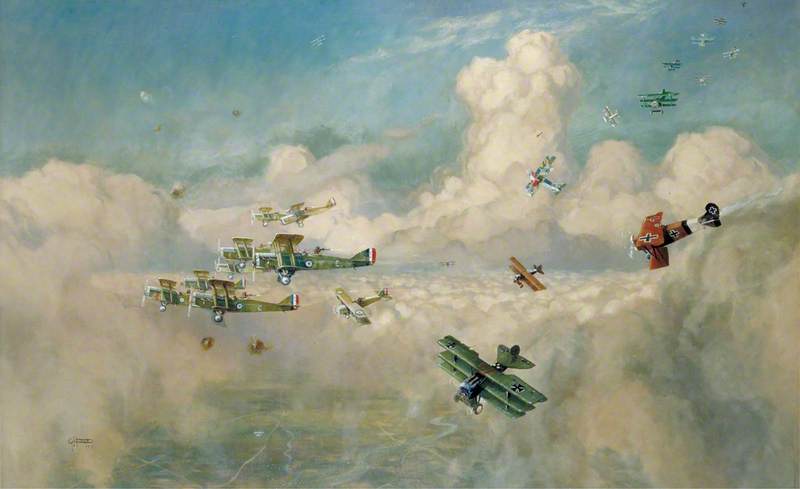 Closing Up: A Bombing Formation of British Biplanes (DH9As) Closing Up to Beat off an Enemy Formation of 'Fokker' Triplanes