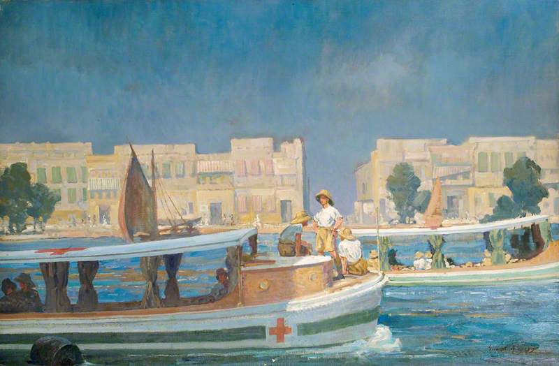 A British Red Cross Society and Order of St John of Jerusalem Barge on the Tigris at Amara: British Red Cross Society and Order of St John Headquarters in the Distance