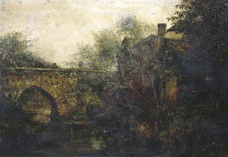 Figure on a Bridge with River and Buildings