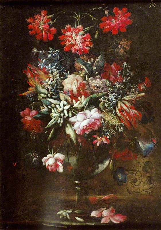 Carnations, Roses and Other Flowers in a Thin-Stemmed Vase