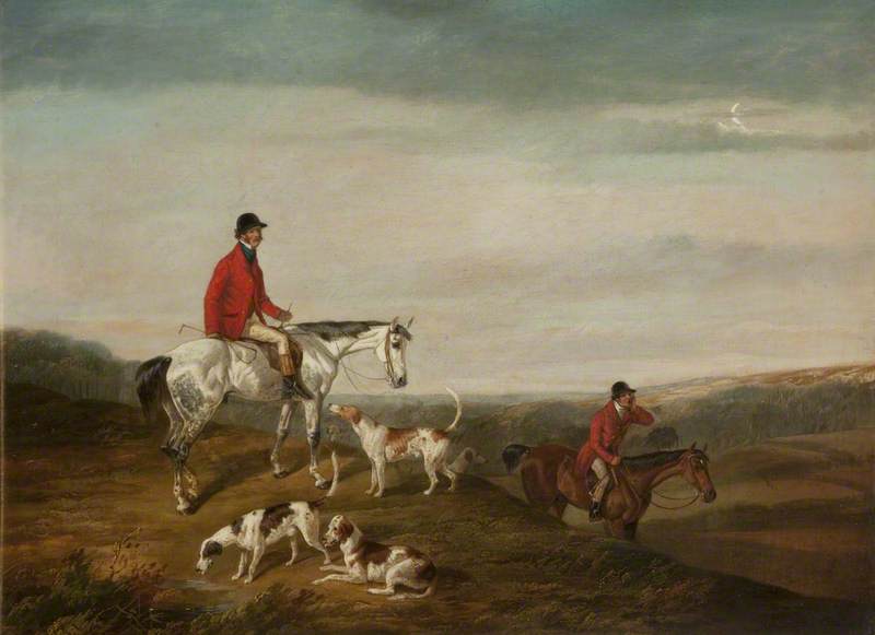 M. F. H. in a Red Jacket on a Grey Horse with Three Hounds
