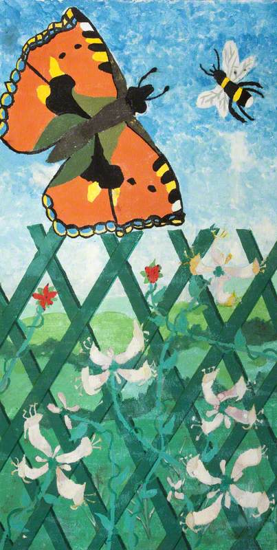 Green Fence with a Butterfly and a Wasp