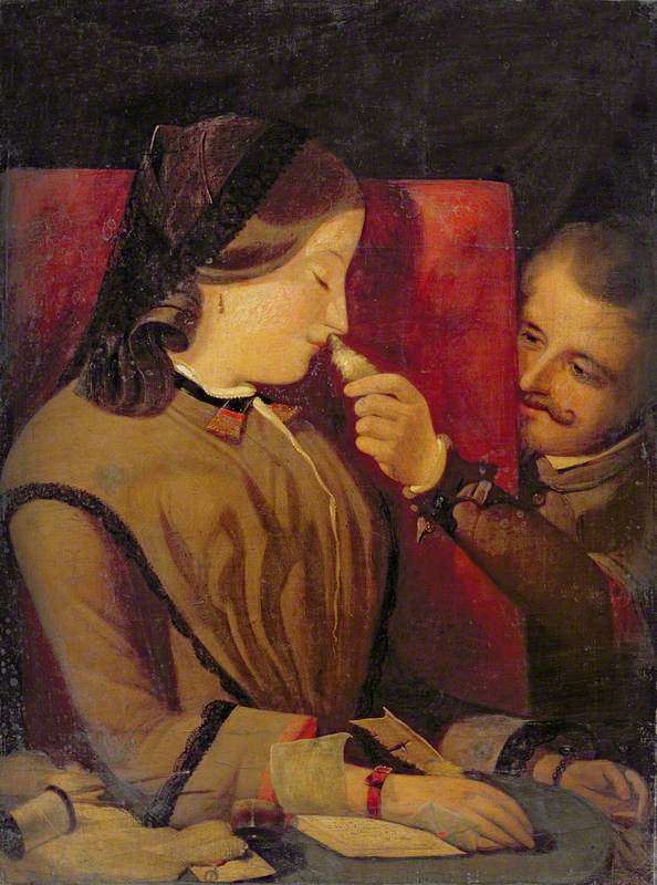 Man Tickling a Woman's Nose with a Feather