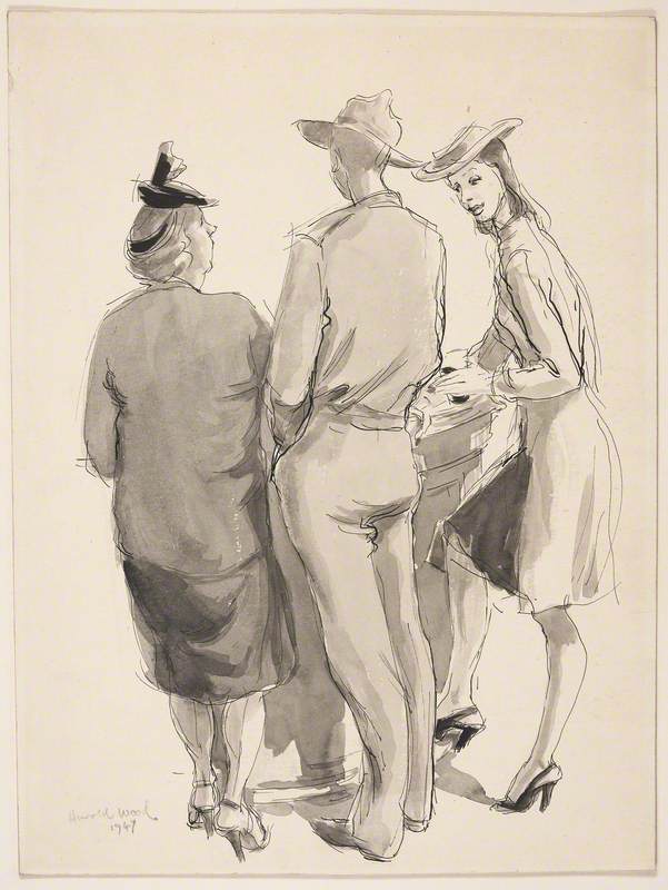 Three Figures Standing at a Counter