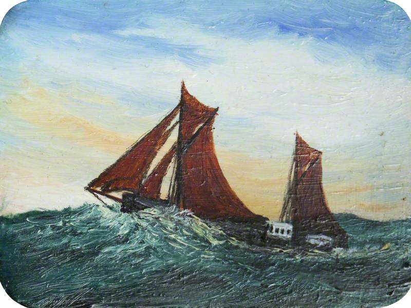 Ship with Red Sails by Black Rocks