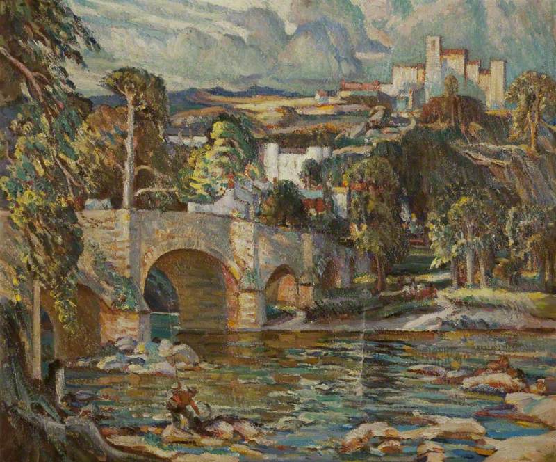 Fisherman, Upland Landscape with Bridge